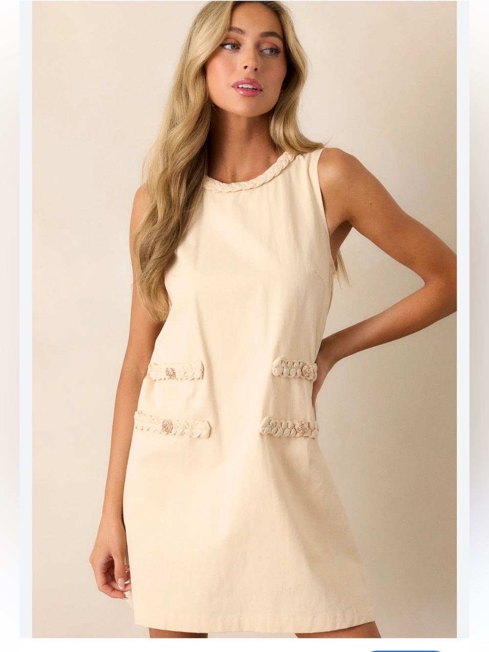 entro Ecru Lune Beige Braided-Trim 100% Cotton Dress 4 gold Buttons retails $68